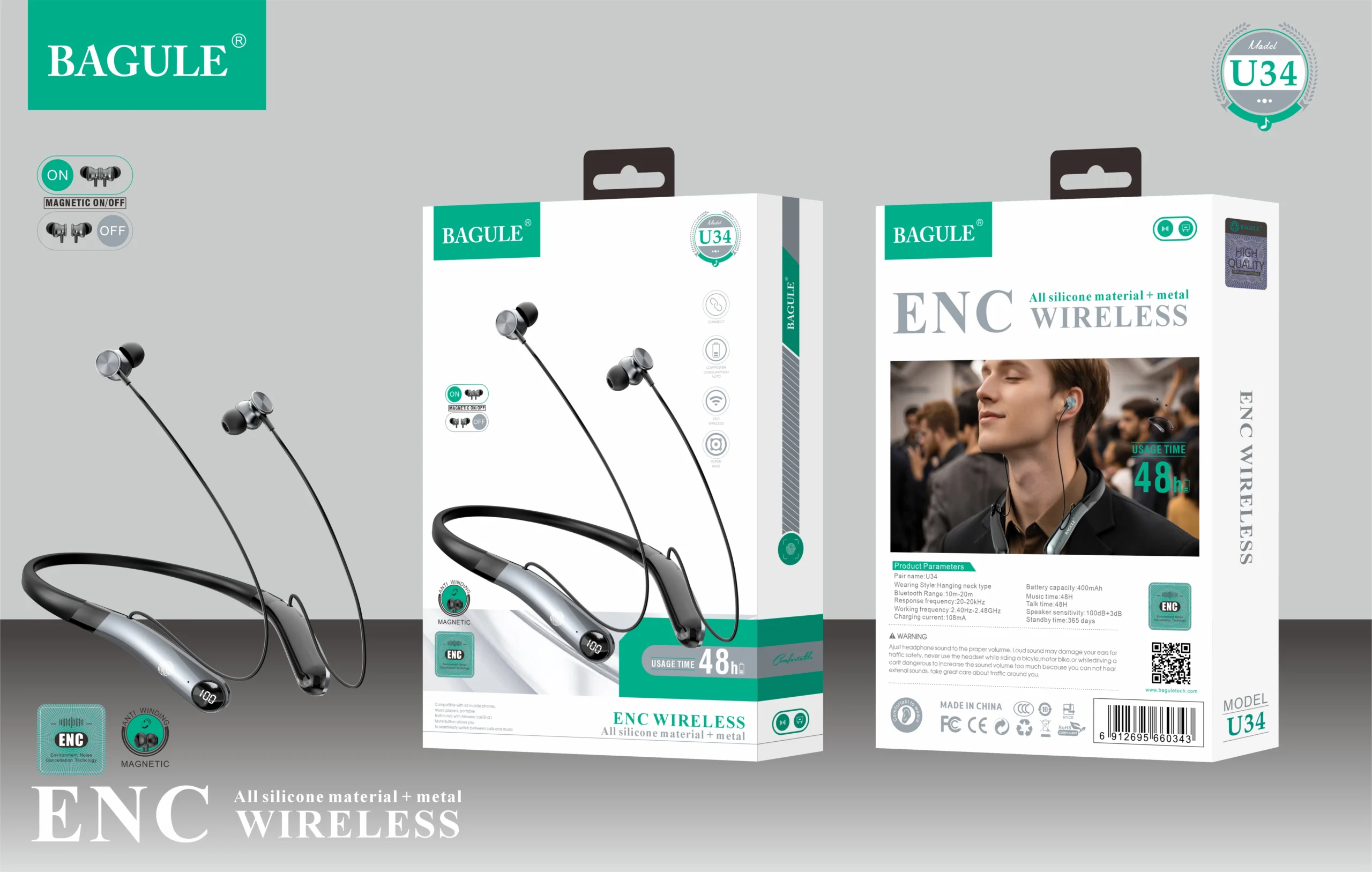 U34 neckband earphone with ENC BAGULE U34 ENC Neckband Bluetooth Earphone — 48H Playtime | Magnetic On/Off | Silicone + Metal Build - الصورة 1