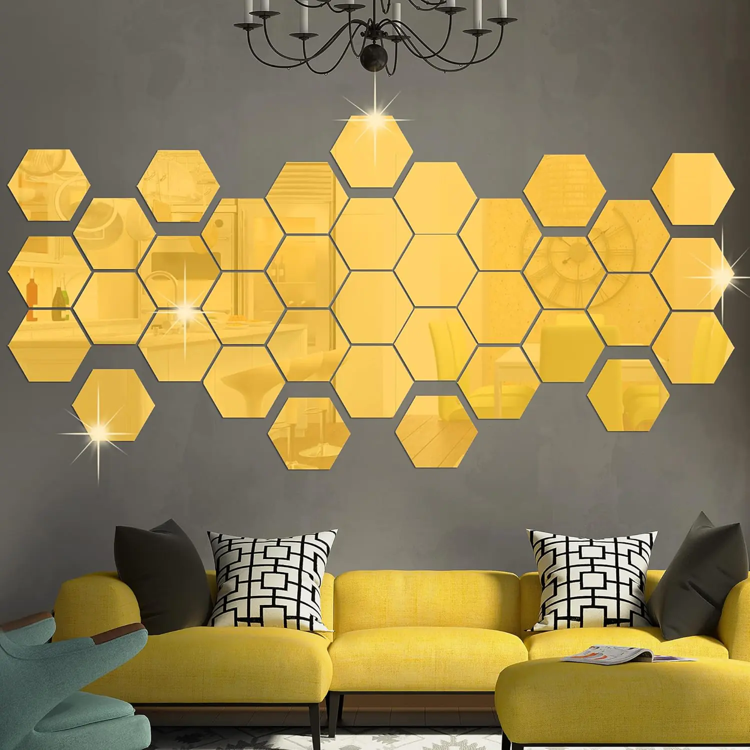 Lot de 6 Miroirs Hexagonaux 3D Gold